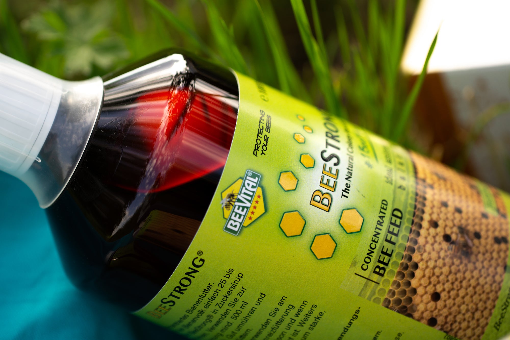 close up of beestrong bottle