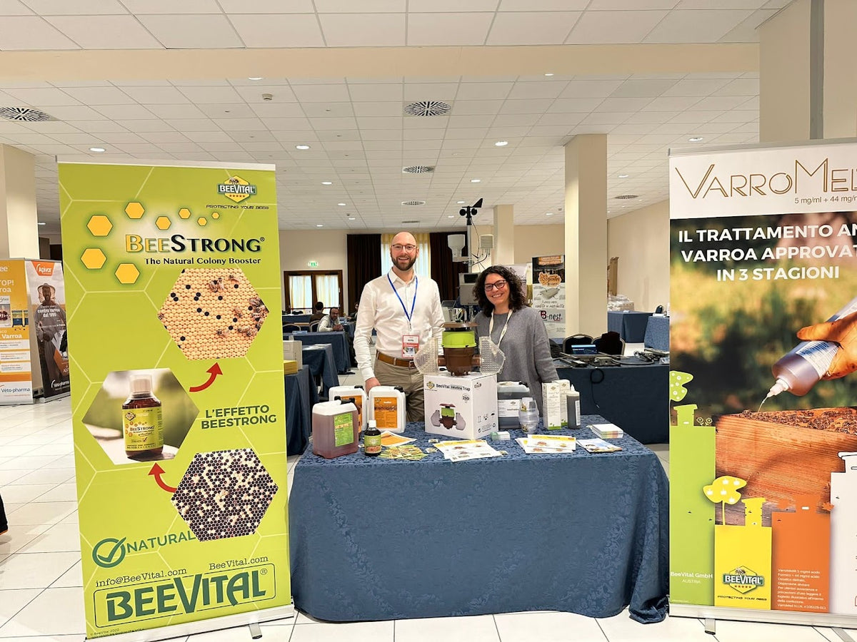 a stand of beevital in italian expo with two employees welcoming the visitor